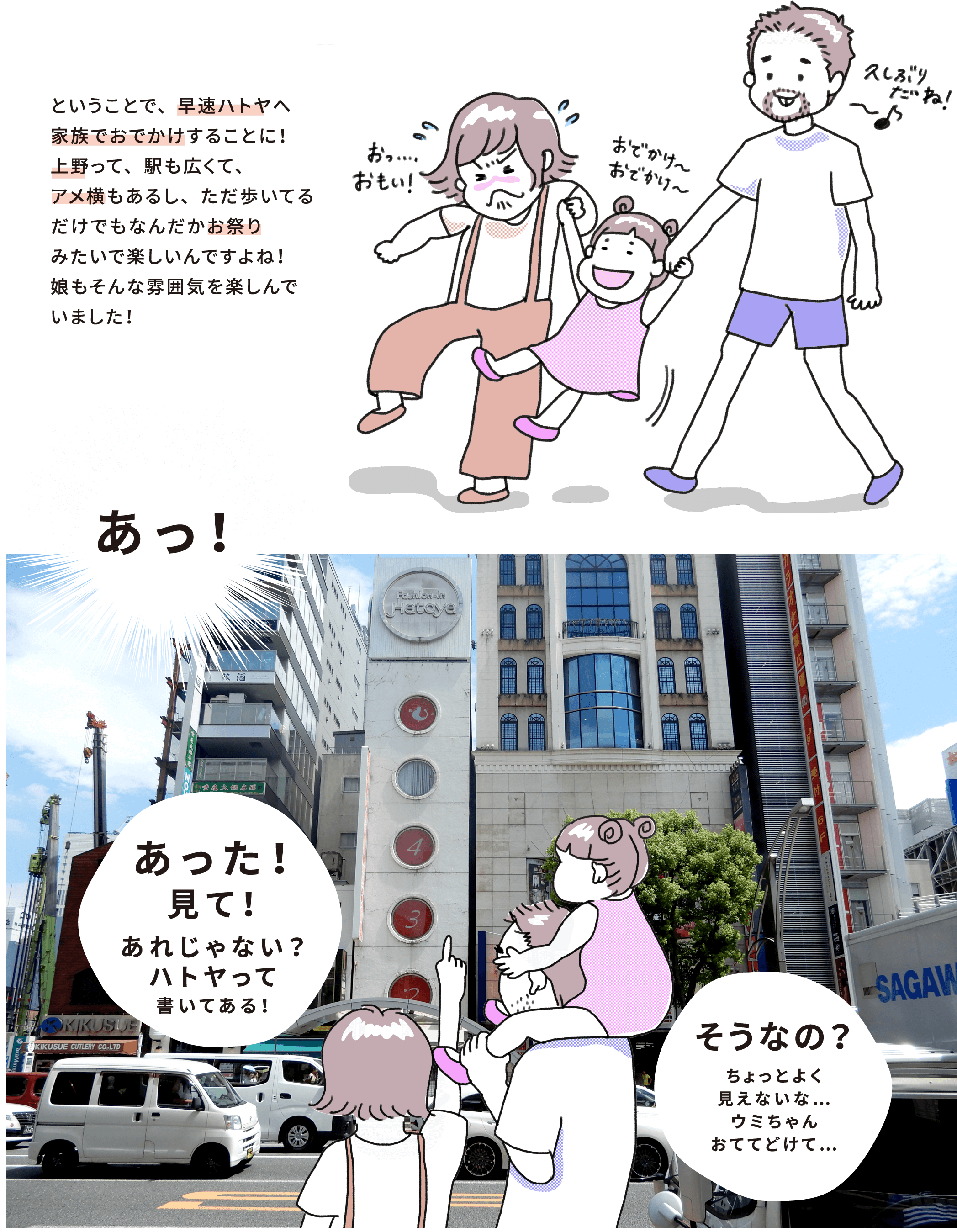 ということで、早速ハトヤへ
			家族でおでかけすることに！上野って、駅も広くて、アメ横もあるし、ただ歩いてるだけでもなんだかお祭りみたいで楽しいんですよね！娘もそんな雰囲気を楽しんでいました！