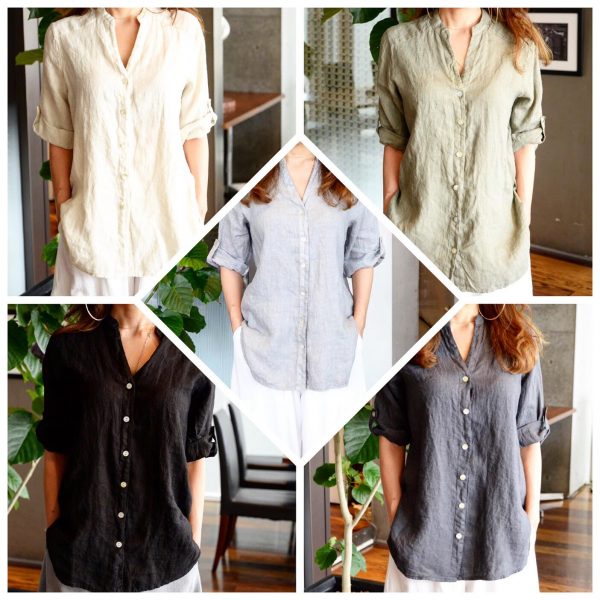 TOPS：ノーカラーリネンシャツ